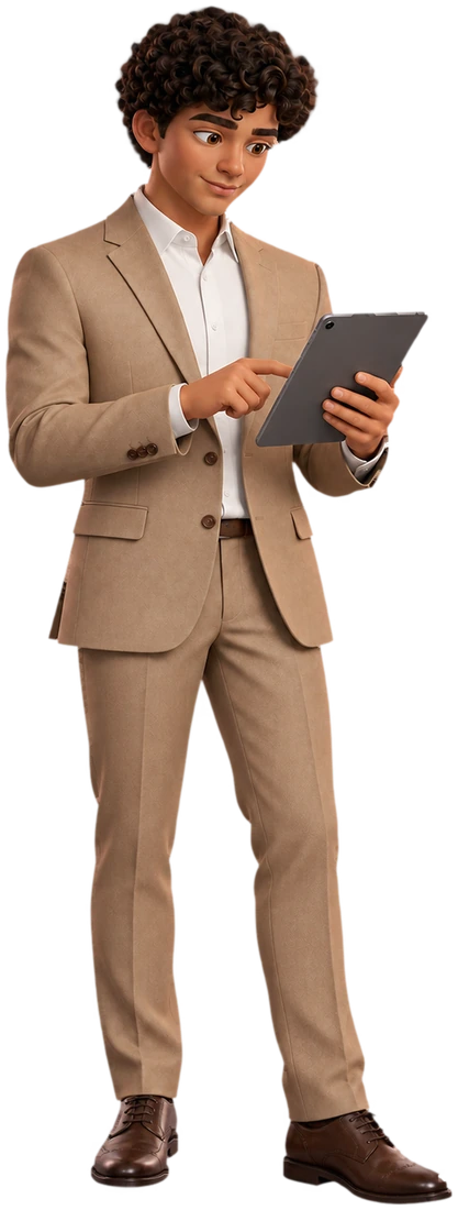MAX reviewing company products on a tablet