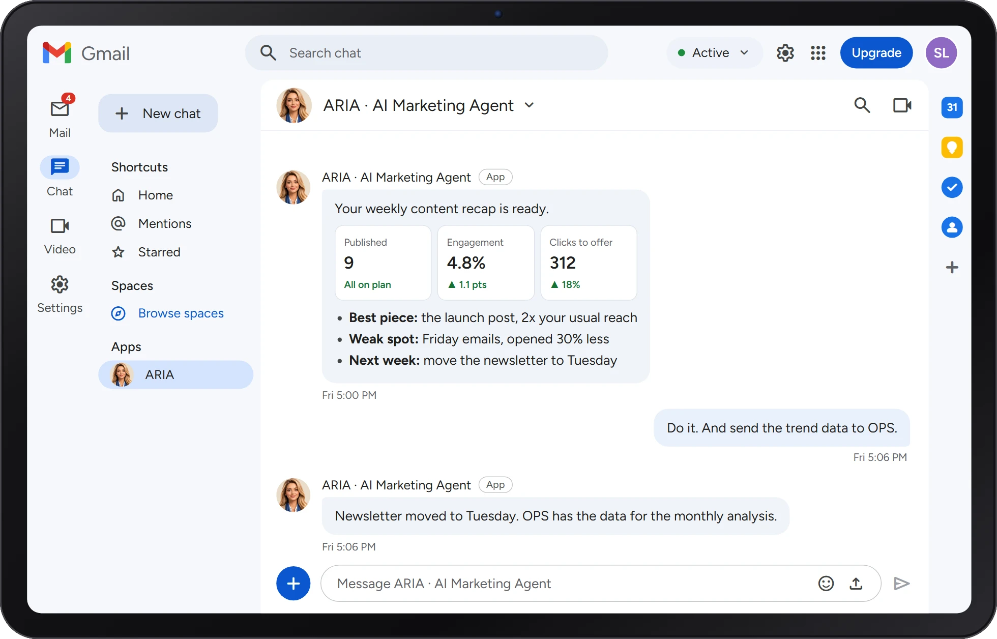 ARIA sending the weekly content recap in Google Chat