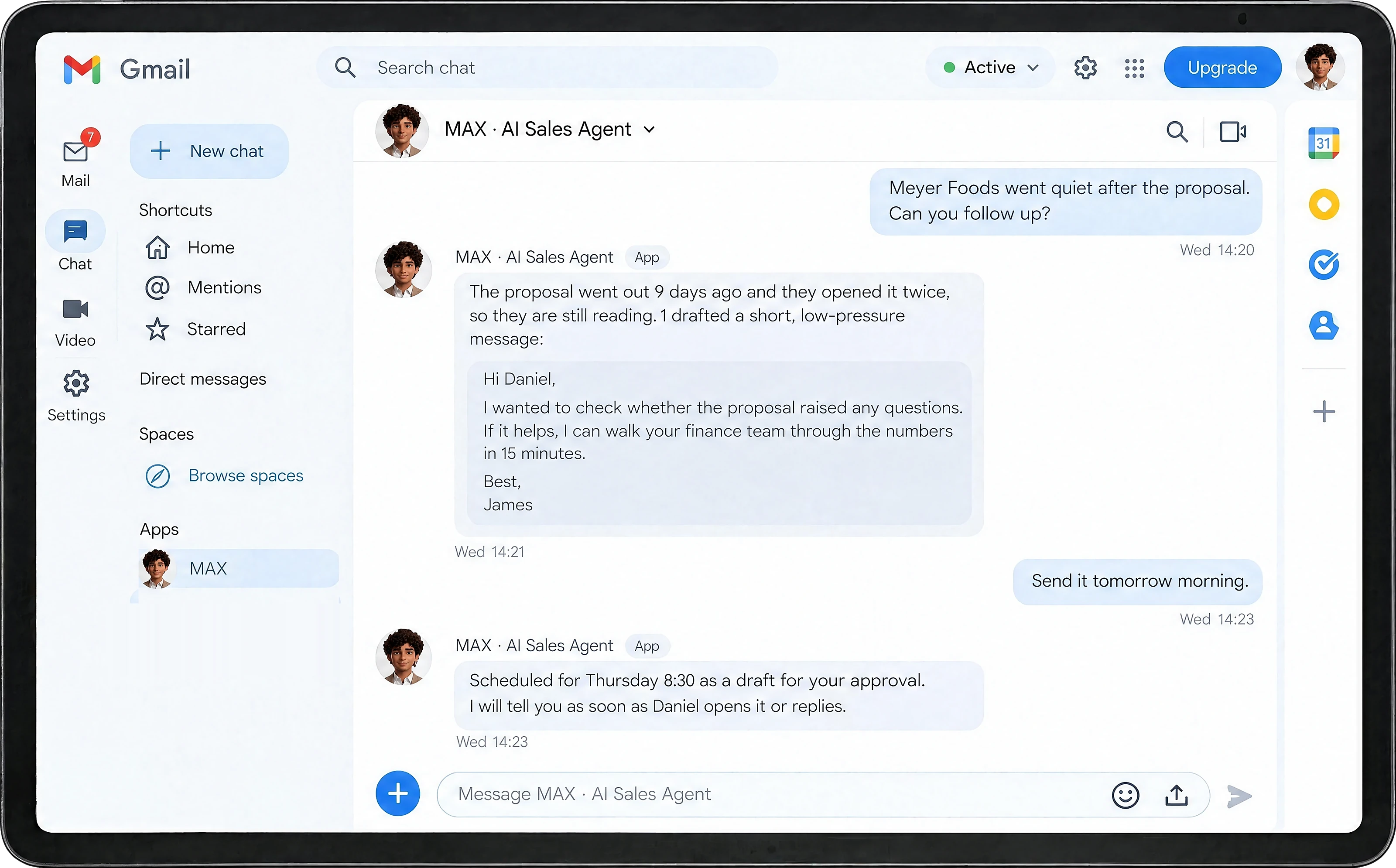 MAX drafting a follow-up for approval in Google Chat