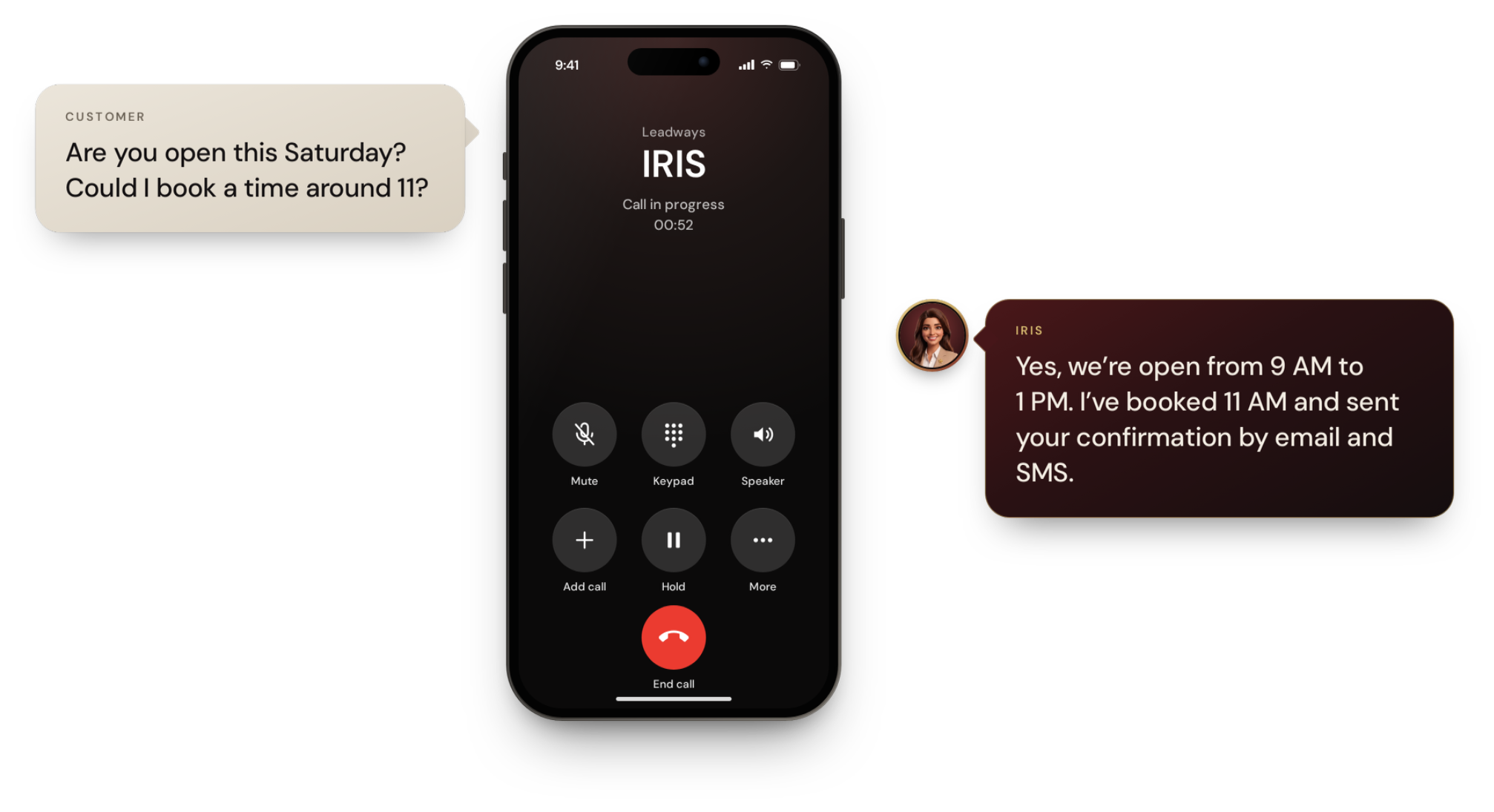 IRIS confirms opening hours and books an appointment during a customer call