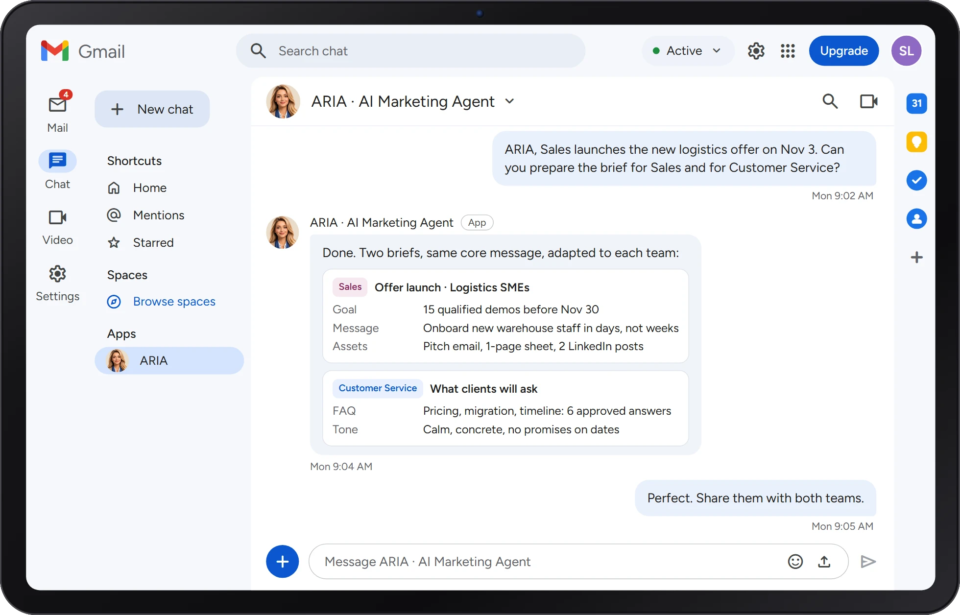ARIA preparing a launch brief for Sales and Customer Service in Google Chat