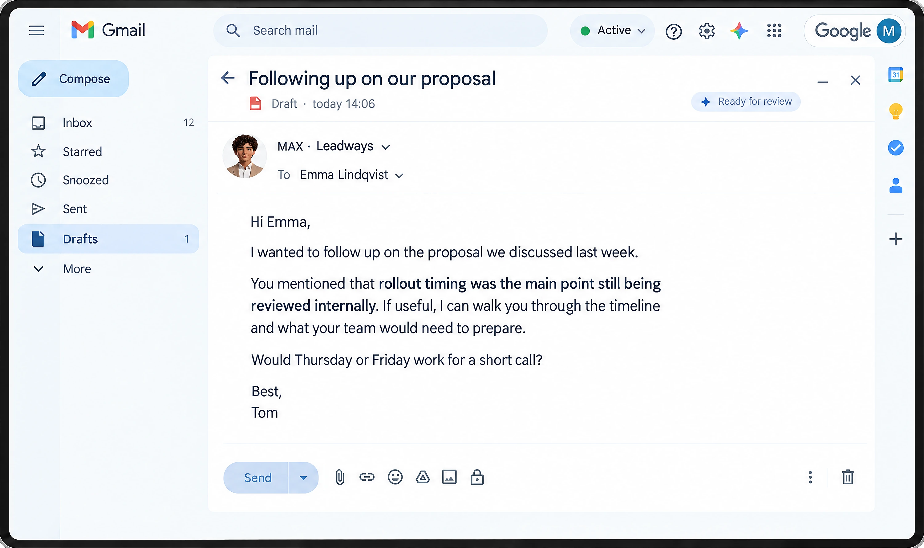Follow-up email drafted by MAX in Gmail, ready for approval