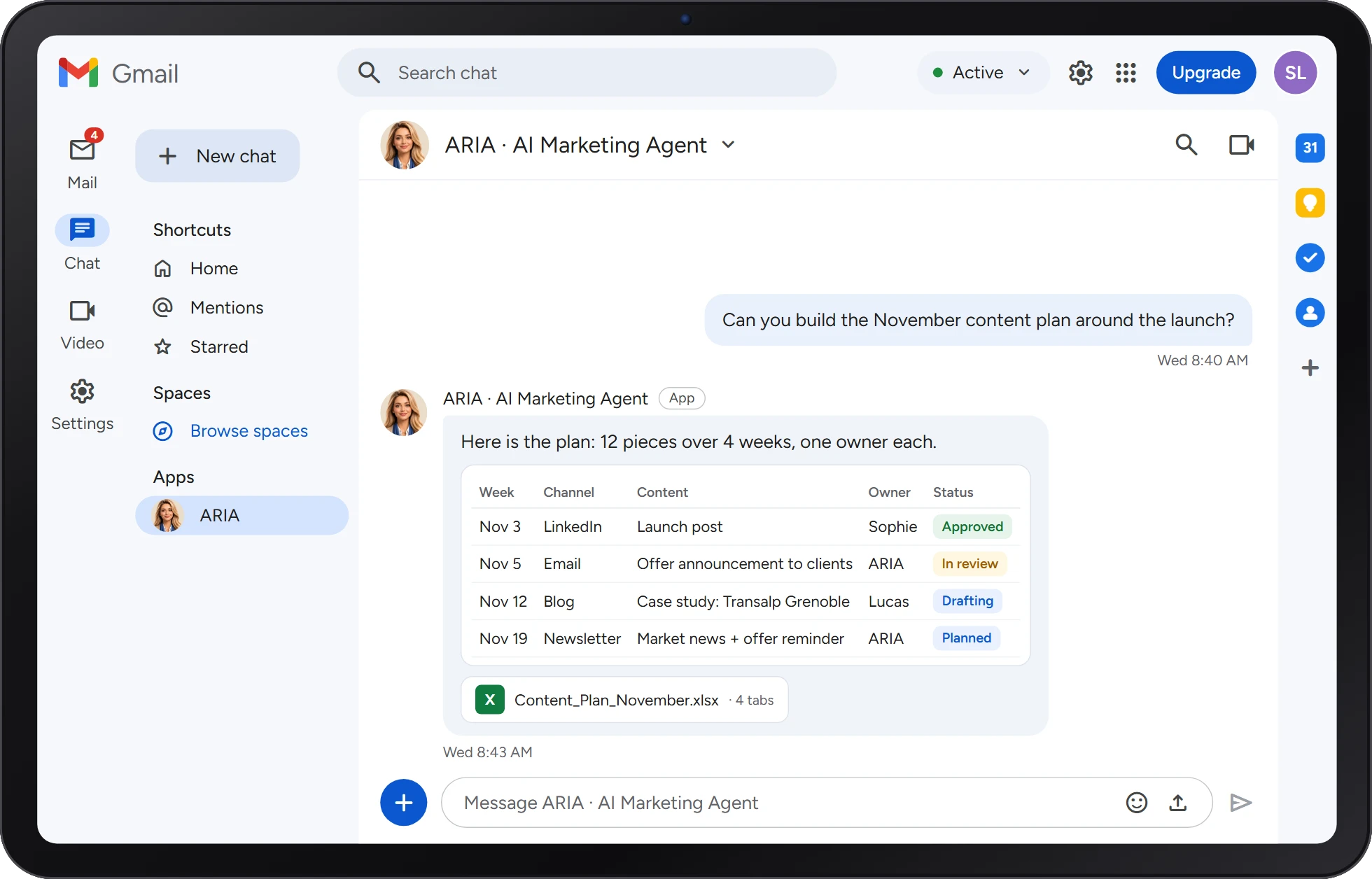 ARIA sharing the November content plan in Google Chat