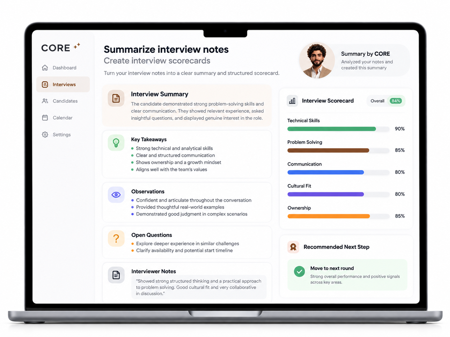 CORE interview summary and structured scorecard