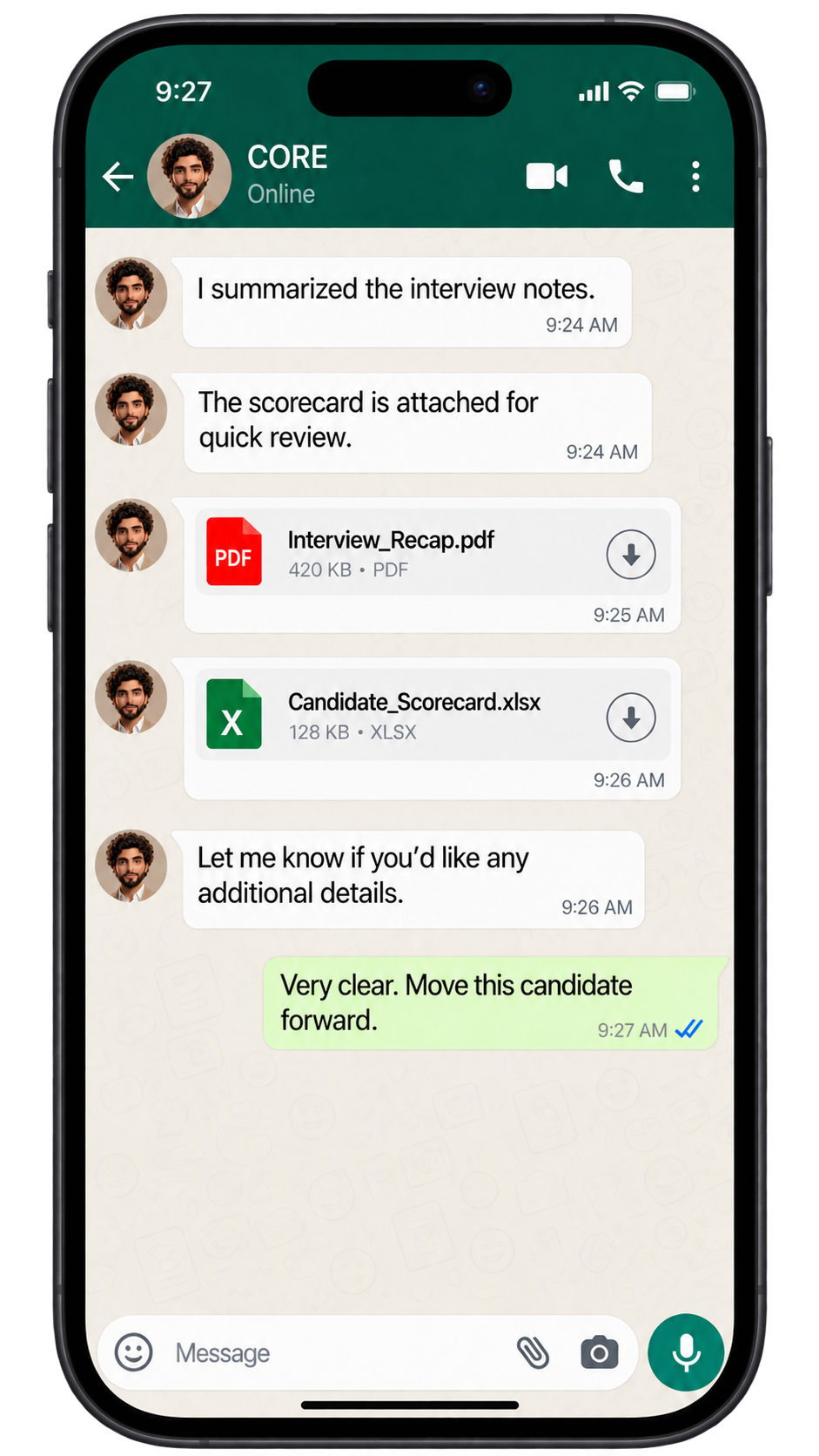 CORE shares interview notes and a candidate scorecard