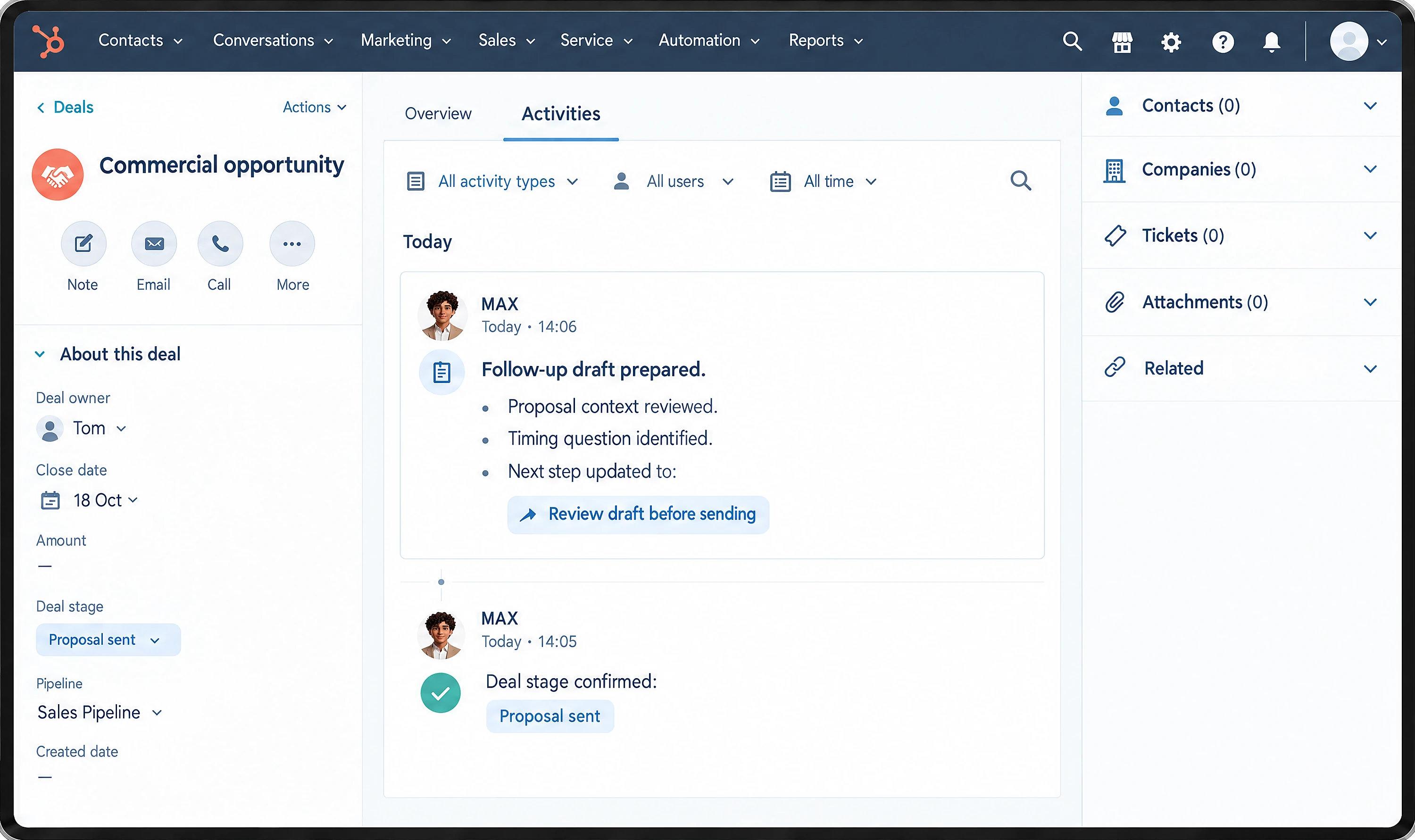 Deal activity logged by MAX in the CRM