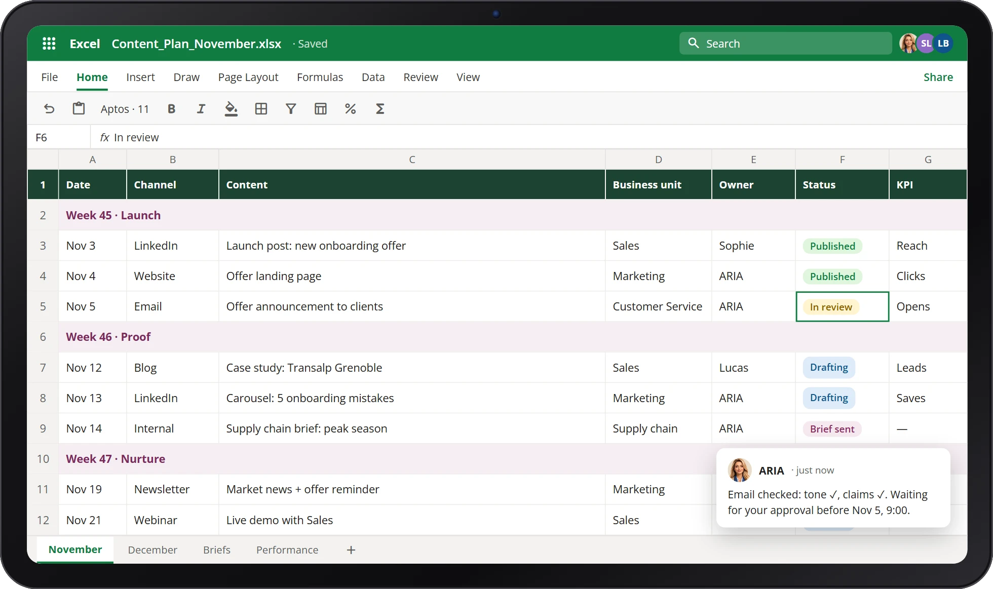 Content plan maintained by ARIA in Excel