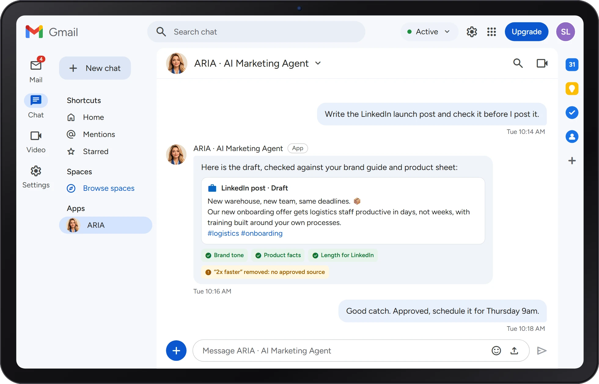 ARIA drafting and checking a LinkedIn post in Google Chat