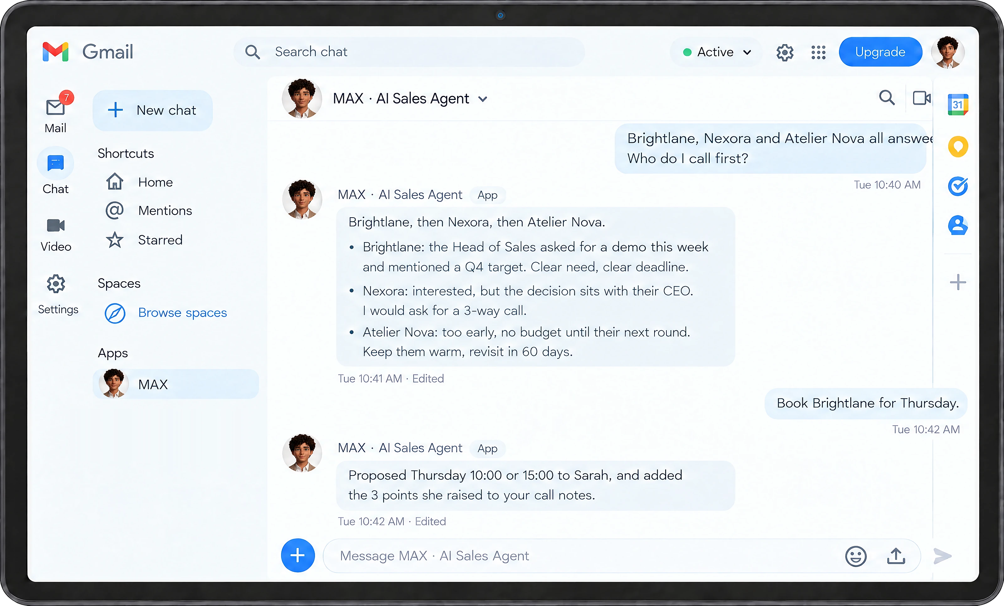 MAX prioritising which prospect to call first in Google Chat
