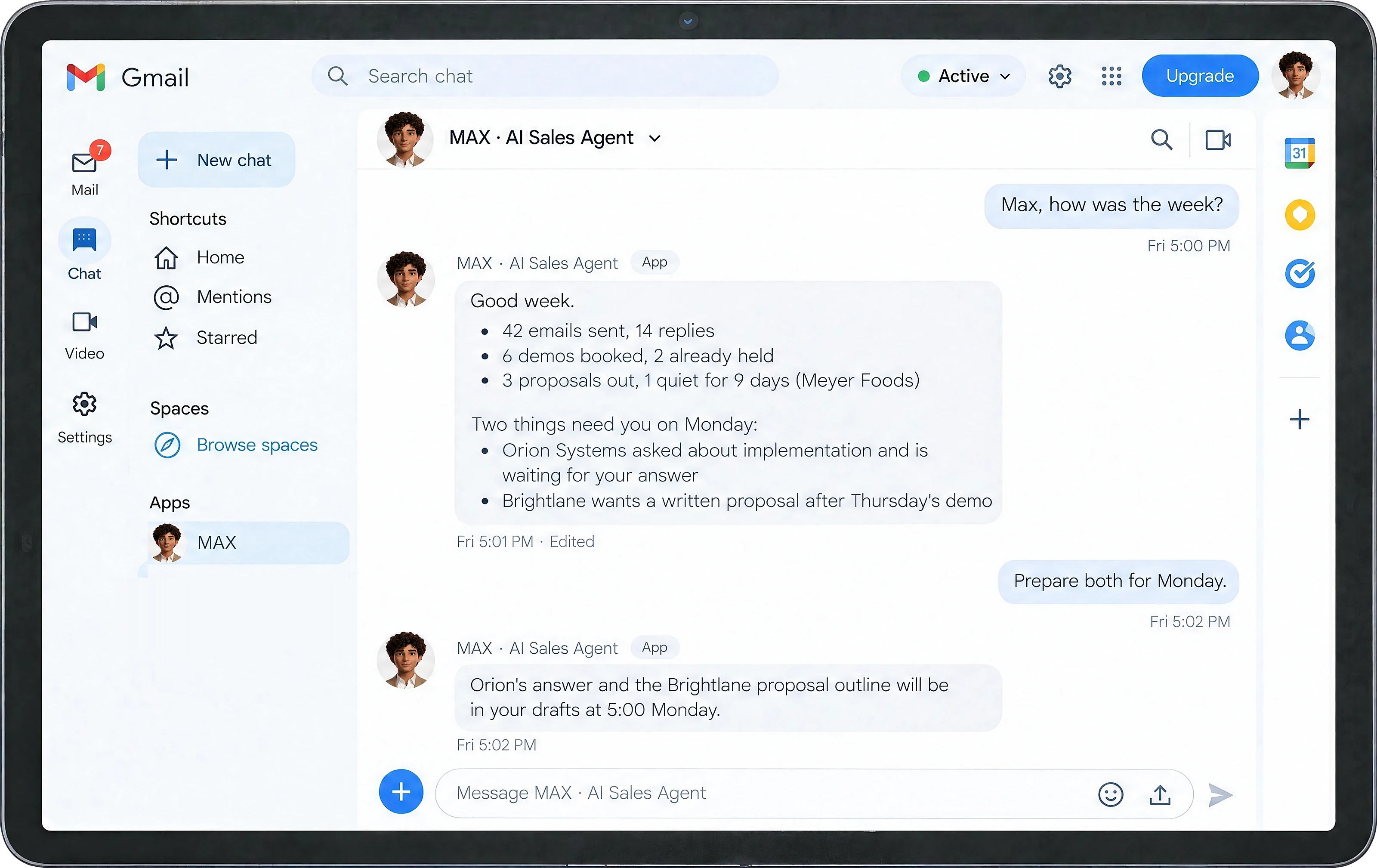 MAX summarising the week and what needs attention in Google Chat