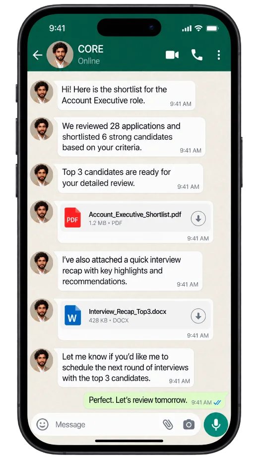CORE coordinating candidate interviews in a messaging thread