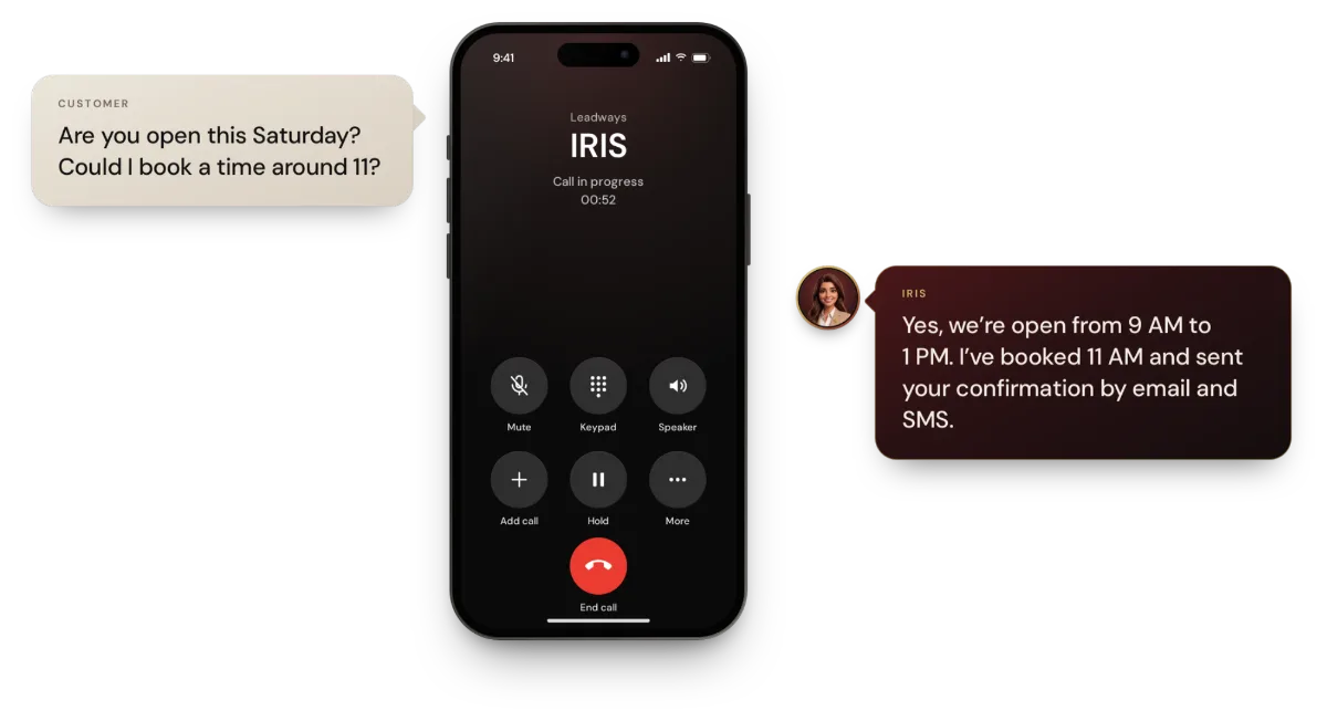 IRIS handling an incoming call, with live transcript and next step